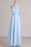 2024 Tulle Straps Bridesmaid Dresses A Line With Ruffles And Beads Floor Length