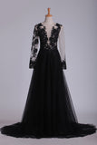 2024 Prom Dresses Scoop Long Sleeves Tulle With Slit And Applique