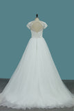 2024 Tulle A Line Scoop Short Sleeve Wedding Dresses With Applique And Beads Open Back