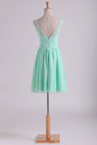 2024 V-Neck A Line Knee Length Lace & Chiffon Bridesmaid Dresses Mint