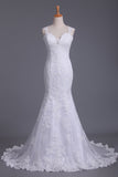 2024 Wedding Dresses Mermaid Straps Tulle With Applique Court Train Open Back