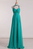 2024 Sexy Open Back High Neck Prom Dresses A Line Chiffon With Beads