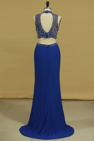 2024 Two Pieces Column Prom Dresses High Neck With Beading Spandex