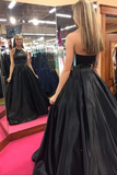 Halter Satin Prom Dress With Beading, Long Evening Dress With Pockets