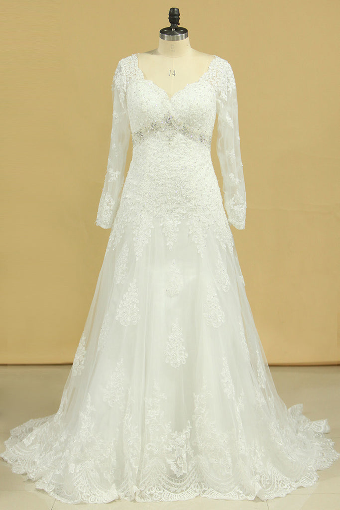 2024 Plus Size V-Neck Long Sleeves Wedding Dresses With Applique Tulle