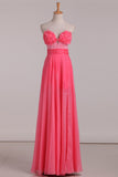 2024 Sweetheart A Line Prom Dresses Chiffon With Beads And Handmade Flowers