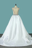 2024 V Neck Wedding Dresses Open Back Satin A Line With Beading