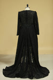 2024 Plus Size A-Line Long Sleeves Lace Prom Dresses Black Asymmetrical