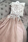 A Line Bateau Long Sleeves Floor Length Prom Dress With Appliques, Charming Formal Dress