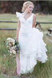 V Neck Backless Sheath White Wedding Dresses Long Simple Bridal Dresses