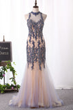 2024 New Arrival High Neck Mermaid Prom Dresses Tulle With Applique And Beads