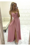 Simple Satin Evening Gown Spaghetti Straps Prom Dress With Pleats And High Slit