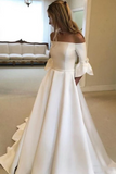 Simple Half Sleeves A Line Wedding Dresses, Elegant Sweep Train Wedding Dresses