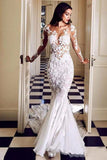 Long Sleeve See Through Mermaid Tulle Wedding Dresses Lace Appliques, Bridal Dresses SRS15521