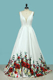 2024 V Neck A Line Satin Floral Prom Dresses