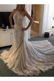 Halter Mermaid Lace Sleeveless Wedding Dress With Appliques