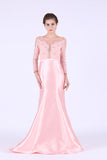 2024 Mermaid Prom Dresses Scoop Long Sleeves Satin With Applique