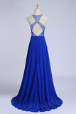 2024 Halter A-Line/Princess Dark Royal Blue Prom Dresses Tulle And Chiffon Sweep Train