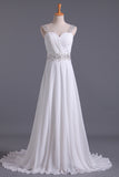 2024 White Wedding Dress Sweetheart A Line Pleated Bodice With Detachable Straps Beaded Chiffon