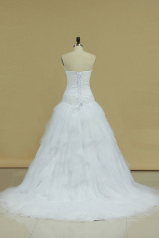 2024 Tulle Wedding Dresses Strapless With Applique And Ruffles Court Train