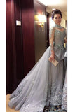 2024 A Line Prom Dresses High Neck Long Sleeves Tulle With Applique Court Train