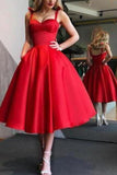 A-Line Spaghetti Straps Tea-Length Satin Prom Homecoming Dresses With Pockets