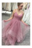 Glitter Spaghetti Straps Ruffled Prom Dresses Backless Formal Gown