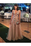 A-Line V Neck Appliques Floor Length Prom Dresses Tulle Evening Dress