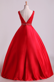 2024 Hot Red Satin Prom Dresses Straps Floor Length Beaded Bodice A Line