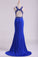 2024 Open Back Prom Dresses Scoop Spandex With Beading And Slit Sweep Train