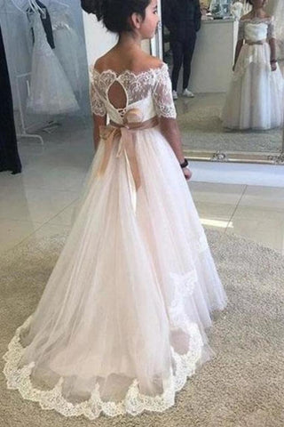 A Line Off The Shoulder Half Sleeve Flower Girl Dresses With Lace Up, Wedding Party Dresses