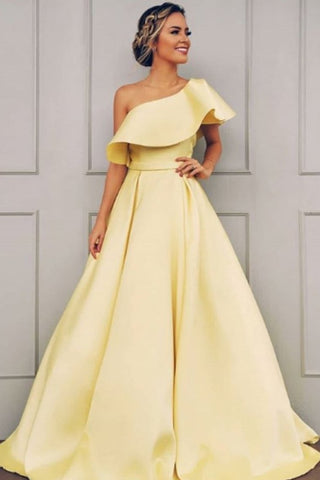 Charming One Shoulder Prom Dress, A Line Cheap Satin Formal Dress