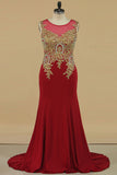 2024 Plus Size Prom Dresses Scoop Mermaid Spandex With Applique Sleeveless Burgundy/Maroon
