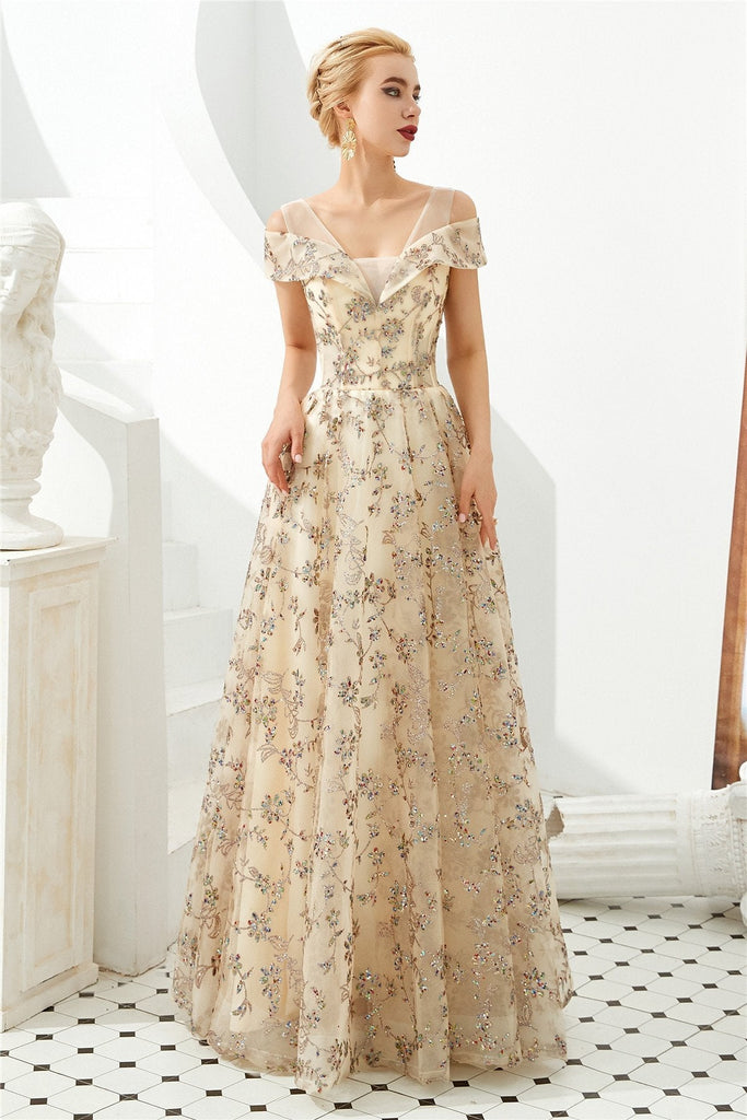 Elegant A Line V Neck Off the Shoulder Beads Prom Dresses with Lace SRS15642