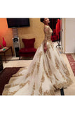 2024 Prom Dresses V Neck Long Sleeves Tulle With Applique And Beads Court Train