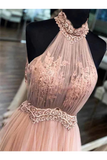 Chic Halter Formal Prom Dress Tulle Appliques A Line Evening Dress