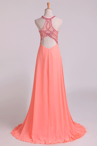 2024 Halter Prom Dresses A Line Chiffon & Tulle Sweep Train With Beading