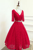 2024 V-Neck A-Line Lace Prom Dresses Tea Length With Gold Belt Lace Up