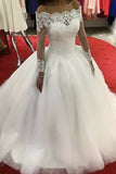 2024 Boat Neck Long Sleeves Wedding Dresses Ball Gown Tulle With Appliques