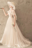 Unique Tulle Lace Long Wedding Dress, Ivory Short Sleeves Lace Up Back Bridal Dresses