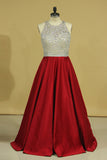 2024 Burgundy Scoop Open Back Beaded Bodice A Line Prom Dresses Satin & Tulle Plus Size