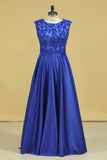 2024 Plus Size A Line Prom Dresses Scoop Dark Royal Blue Satin Cap Sleeves Floor-Length
