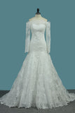 2024 Mermaid Tulle Boat Neck Wedding Dresses With Applique Court Train