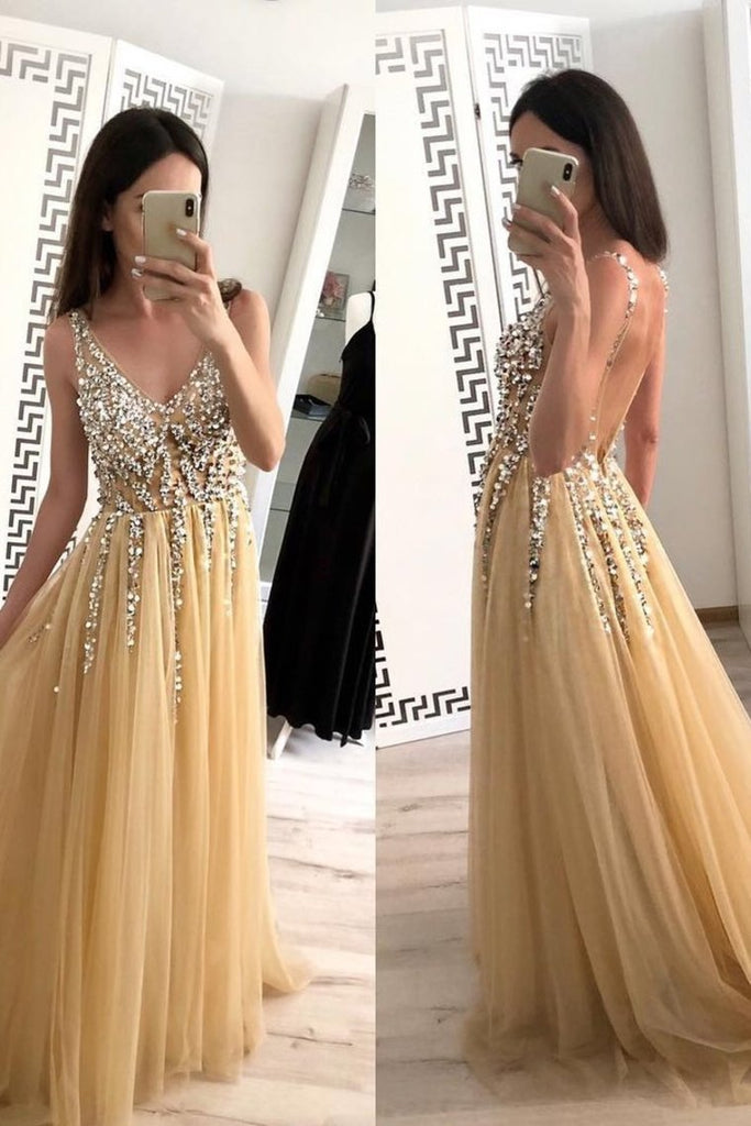 2022 Champagne Tulle Beading A-Line V-Neck  Prom Dresses WIth Sweep Train