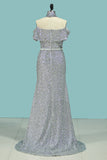 2024 Boat Neck Prom Dresses Mermaid Sequins With Sash Sweep Train