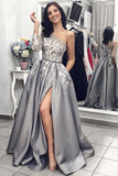 2024 Ball Gown One Shoulder Long Sleeves Grey Satin Split White Lace Long Prom Dresses With Pockets Prom Dresses