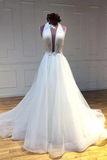 Simple Halter Court Train Tulle Wedding Dresses, A Line Sleeveless Bridal Dresses