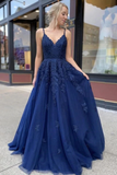 Dark Blue Tulle Applique Spaghetti Straps Long Prom Dress Evening Dress