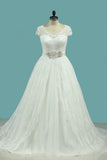 2024 Wedding Dresses A Line V Neck Lace & Tulle With Sash Sweep Train
