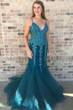 Spaghetti Straps Sweep Train Tulle Prom Dress With Beading, Mermaid Formal Dress
